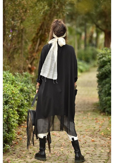 Bohem Stil Italyan Ipek Detaylı Oversize Kaftan & Bluz-8711 Siyah