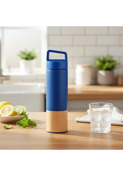 600 Ml Bambu Tabanlı Kulplu Çelik Termos Mug - 5 Renk Seçenekli Sıcak/soğuk Tutucu Seyahat Bardağı Mavi Çok Renkli