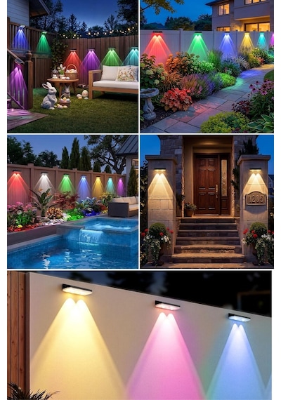 Solar 7 Renkli Rgb Çit Apliği 2 Li Set, Güneş Enerjili Dış Mekan Duvar Lambası, Ip65 Su Geçirmez Bahçe Balkon Teras Aydınlatması