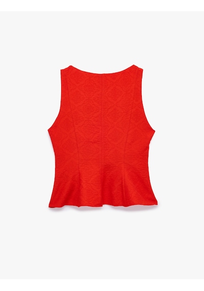 Koton Viskon Kumaş Floral Dokulu Kolsuz Bisiklet Yaka Peplum Bluz Kırmızı 6sak30097pw