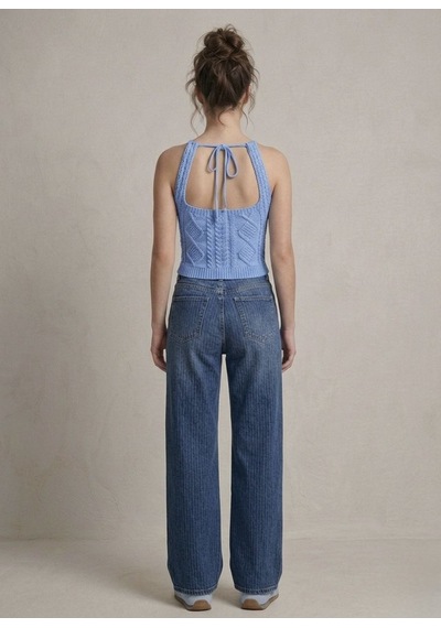 Neden Tekstil Kadın Triko Örme Halter Yaka Crop Bluz - Mavi