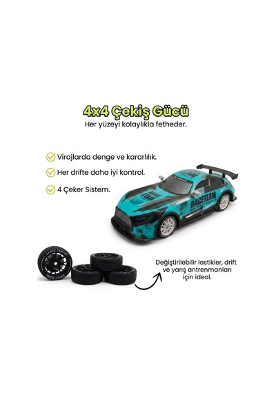 Uzaktan Kumandalı Işıklı 7 Fonksiyonlu 1:14 4 Çeker 10 Km/s Hızlı 4 Yedek Lastikli Oyuncak Drift Arabası Turkuaz