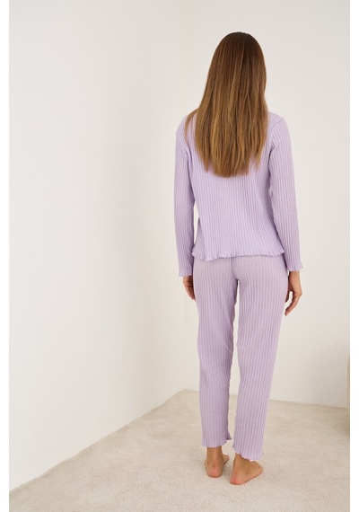 Siyah İnci Fitilli Kaşkorse Uzun Kollu Pijama Takım 7937 Lila