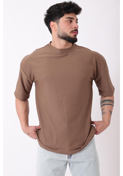 Çizgili Oversize Bisiklet Yaka Tişört Stu-2452 30463 Bej
