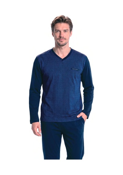Pierre Cardin 6143 Erkek Uzun Kollu Yakası Düğmeli Jakarlı Pijama Takımı-lacivert