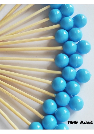 100 Adet Çift Boncuklu Mavi Baby Shower Kürdanı 6 cm - Boncuk 8 mm - Mavi Pasta Kürdanı