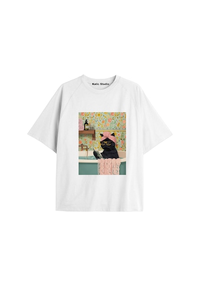 Kalic Studio Y2k Vintage Cats Baskılı Beyaz T-shirt Kod 10 Beyaz-10