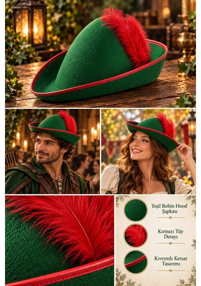 Yeşil Peter Pan Robin Hood Şapkası Kırmızı Tüylü Kenar Biyeli Parti Kostüm Sahne Aksesuarı