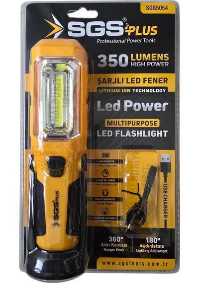 Sgs Usb Şarjlı Mıknatıslı Ayaklı Led Fener 350 Lumen Sarı - Siyah