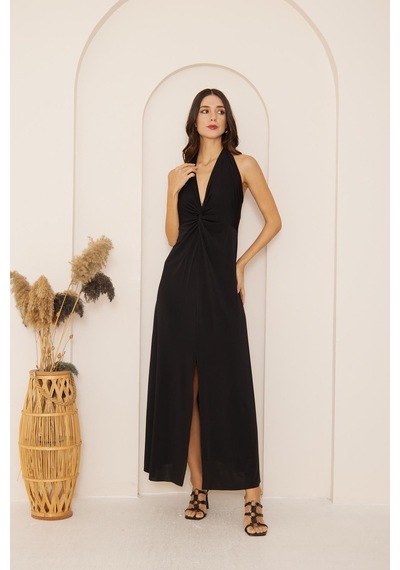 Darlin Moda Siyah Yırtmaçlı Önü Düğüm Detaylı Maxi Boy Elbise Dm1033