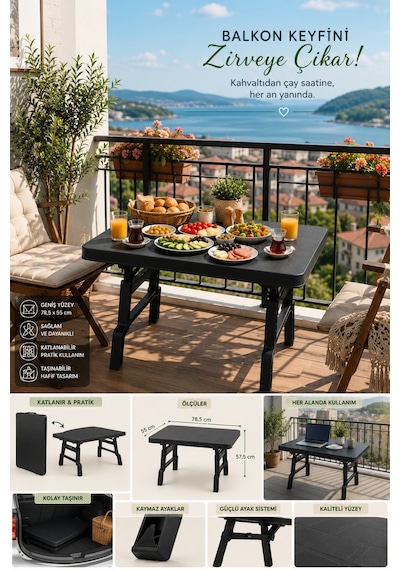 Maxi Boy Katlanır Kamp, Piknik, Balkon Ve Bahçe Masası 78,5 X 55 X 57,5 Cm Çok Amaçlı Portatif Masa Siyah