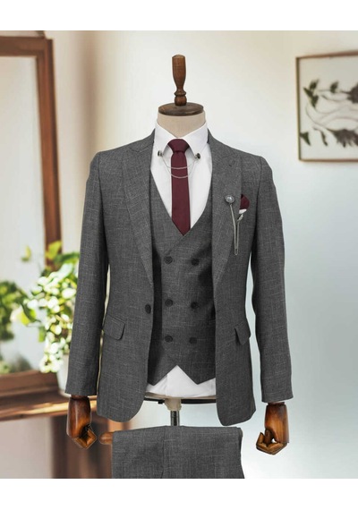 Bys Beystil Sivri Yaka Gri Kırçıllı Takım Elbise Storm- Slim Fit