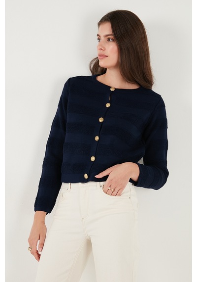 Lela Premium Regular Fit Bisiklet Yaka Düğmeli Dokulu Triko Bayan Hırka 680Hi00337 Lacivert