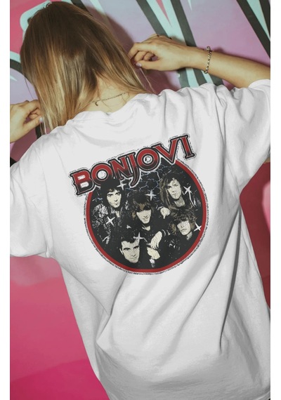 Bonjovi Rock Metal Şarkıcı Baskılı Unisex Oversize Premium Tişört Beyaz