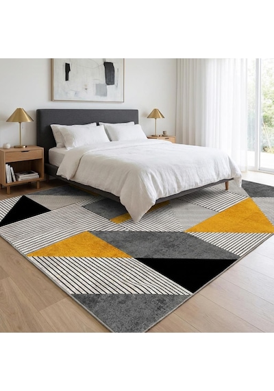 Hardal Gri Geometrik Üçgen Desenli Modern Dijital Baskılı Kaymaz Tabanlı Yıkanabilir Halı Hardal
