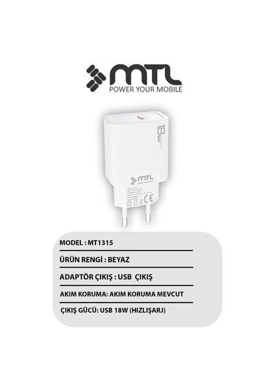 18w Qc 3.0 Destekli Usb Çıkışlı Hızlı Şarj Adaptörü Mt1315
