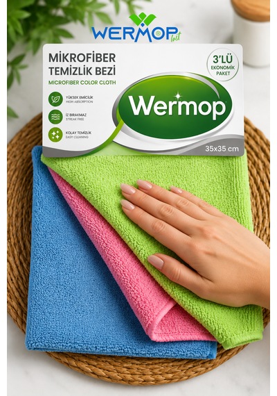 3'lü Renkli Mikrofiber Cam Temizleme Bezi 35x35 Cm Yeşil-pembe-mavi