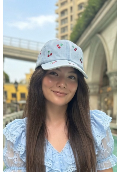Mollycrush Lüks Kiraz İşlemeli Şapka Basic Sokak Modası Açık Mavi Kadın Kot Kep Mavi
