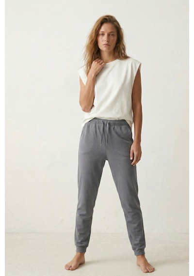 Elemge %100 Pamuk Compact Penye Süprem Kadın Pijama Altı Cepli Regularfit Manşet Paça Esnek Gri Terletmez