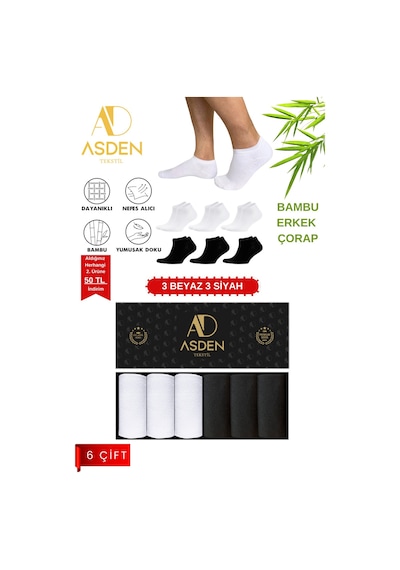 Asden Bambu Erkek Patik Çorap Beyaz Premium Kutu 6'lı, Yıkamalı, Burun Dikişsiz 3 Beyaz 3 Siyah