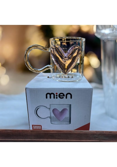 Mien 400 Ml Kalpli Şeffaf Cam Kupa Pembe Kalp Detaylı Pembe - Şeffaf