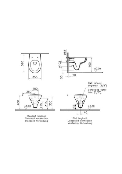 Vitra Arkitekt Open Rim Beyaz Asma Klozet 5959l003-0850, Vitra Gömme Rezervuar Set 768-1851 Beyaz