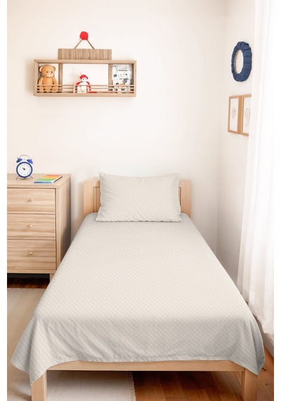 Minimal Genç Odası Tek Kişilik Pike Takımı - Ekru Kapitone 160x220 Cm Mevsimlik Yatak Örtüsü Perde Kumtaşı Gölgeliği