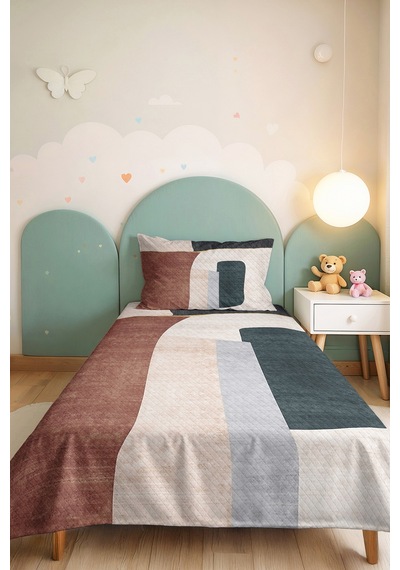 Geometrik Modern Gri Genç Odası Tek Kişilik Pike Takımı-pudra Ekru 160x220 Cm Kapitone Yatak Örtüsü Kışlık Mum Dengesi