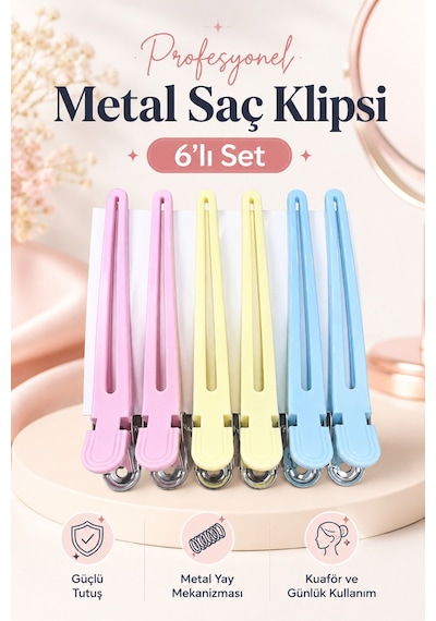 6 Lı Metal Saç Klipsi Profesyonel Kuaför Tokası Güçlü Tutuşlu Saç Ayırma Klipsi Çok Renkli