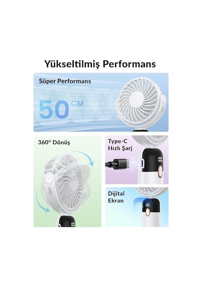K70 Taşınabilir Şarjlı El Vantilatörü 2400mah 360 Döner Başlıklı Standlı Dijital Ekranlı Soğutucu Fan Beyaz