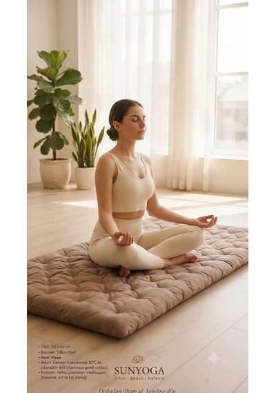 Pamuk Kapitone Meditasyon Minderi 180x60 Cm - Konforlu Yoga Matı Ve Yer Minderi Vizon