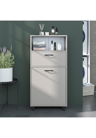 Çamaşır Sepetli Banyo Dolabı, Çok Amaçlı Çekmeceli Dolap 60 Cm Kumtaşı
