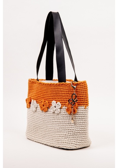 Fabric Craft Bag Omuz Çantası Merserize Pamuk İpli Çiçek Detaylı Turuncu - Beyaz