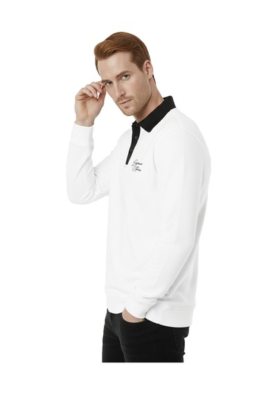Deepsea Erkek Beyaz Relax Fit İçi Polarlı Polo Yaka Sweatshirt Pamuklu Kalın Sweatshirt 2600762 Beyaz
