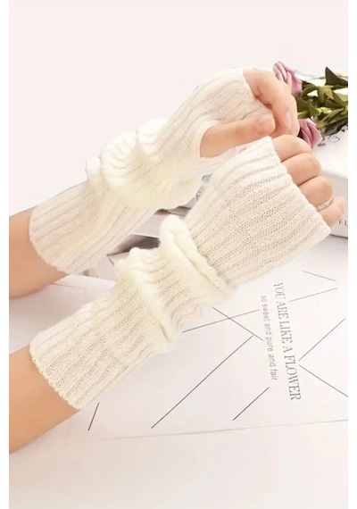 Moibody %100 Akrilik Premium Triko Örgü Hand Warmer El Isıtıcı Kolluk Eldiven Ekru Ekru