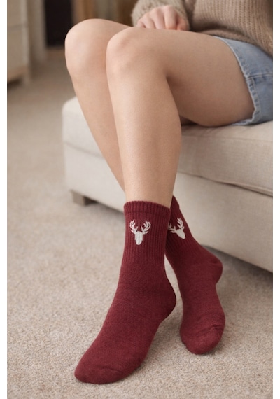 4 Lü Set Bordo Geyik Desenli Unisex Kadın Erkek Uyumlu Günlük Çorap Bordo