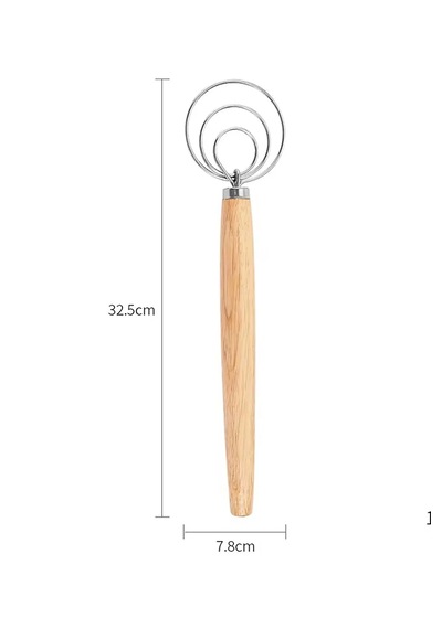 Danimarka Tipi Hamur Çırpıcı Halkalı - Ahşap Saplı Paslanmaz Çelik Un & Ekşi Maya Karıştırma Teli