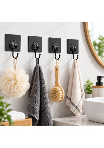 Orret Home 10 Adet Güçlü Yapışkanlı Askı, Delmeden Montaj Siyah Duvar Askılığı, Banyo Mutfak Havlu Anahtar Çanta Askısı, 6,5 X 6,5 Cm Yapışkanlı Kanca Seti 12 Izgara