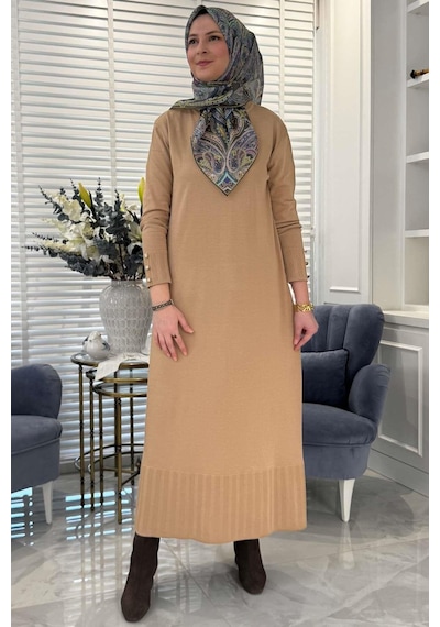 Rabia Şamlı İsra Triko Elbise Bej Normal