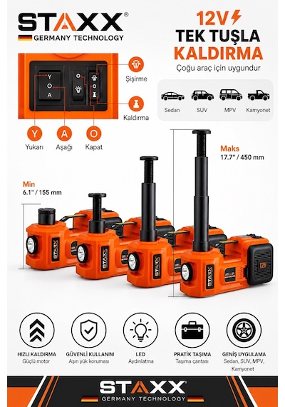 Staxx St12ryma Premium Muhteşem Kriko Seti Elektrikli Kriko Kompresör Bijon Sökme Ve Led Fenerli Ful