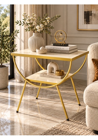 Odera Çift Çift Raflı Yan Sehpa Komodin Metal Ayaklı Retro Modern Salon Ve Yatak Odası Sehpası Diğer