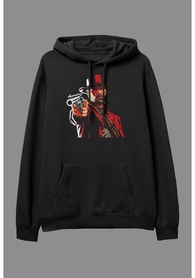 Startmore Oversize Red Dead Redemption 2 Tasarım Baskılı Kapüşonlu Sweatshirt Hoodie Beyaz Siyah