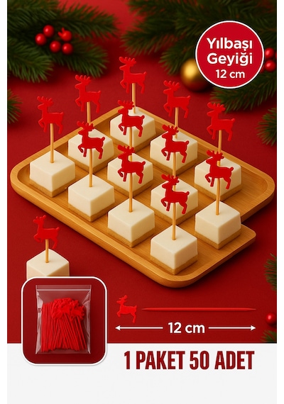 Yılbaşı Geyiği Kürdan 12 Cm 50 Li Paket Tatlı, Kanepe, Pasta Süsleme Yılbaşı Parti Kürdanı