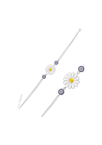 Brezza Lusso Jewelry 925 Ayar Zirkon Taşlı Mineli Papatya Göz Zincirli Bileklik Gümüş