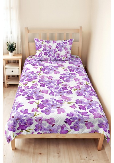 Mor Çiçekli Modern Genç Odası Tek Kişilik Pike Takımı - Lila Beyaz 160x220 Cm Kapitone Yatak Örtüsü Buharlı Nehir Anısı