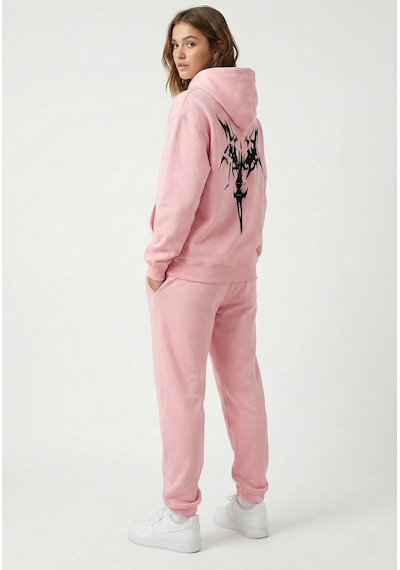 Nevermind Unisex Oversize Hoodie Grafik Sembol Baskılı Pembe
