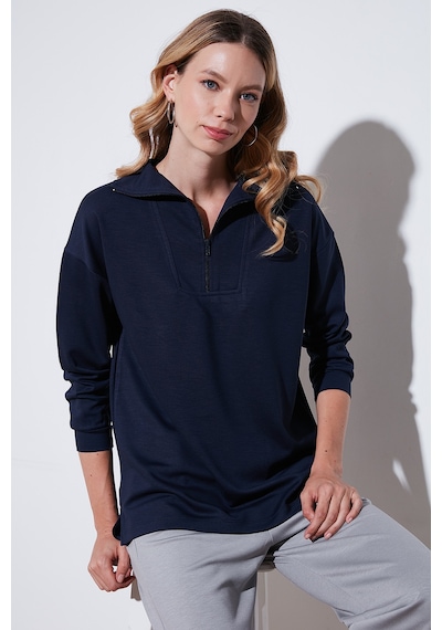 Lela Regular Fit Fermuarlı Yaka Önü Kısa Arkası Uzun Bayan Sweat 5865876 Lacivert