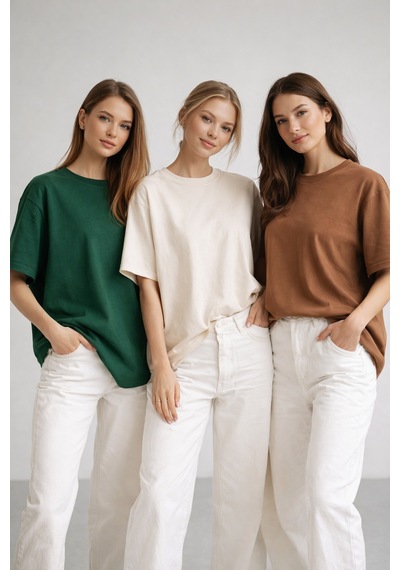 Kadın 3'lü Paket Yeşil-bej-kahve %100 Pamuk Oversize Basic Tişört Bisiklet Yaka Relaxed T-shirt Yeşil-bej-kahve
