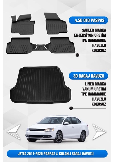 Volkswagen Jetta 2011-2019 Uyumlu 4.5d Premium Havuzlu Oto Paspas Ve Liner Kulaklı Bagaj Havuzu