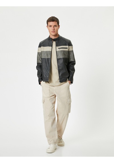 Koton Suni Deri Ceket Renk Bloklu Dik Yaka Fermuarlı Cepli Slim Fit Siyah 5wam20028hw Siyah Siyah Koton Suni Deri Ceket Renk Bloklu Dik Yaka Fermuarlı Cepli Slim Fit Siyah 5wam20028hw Siyah Siyah